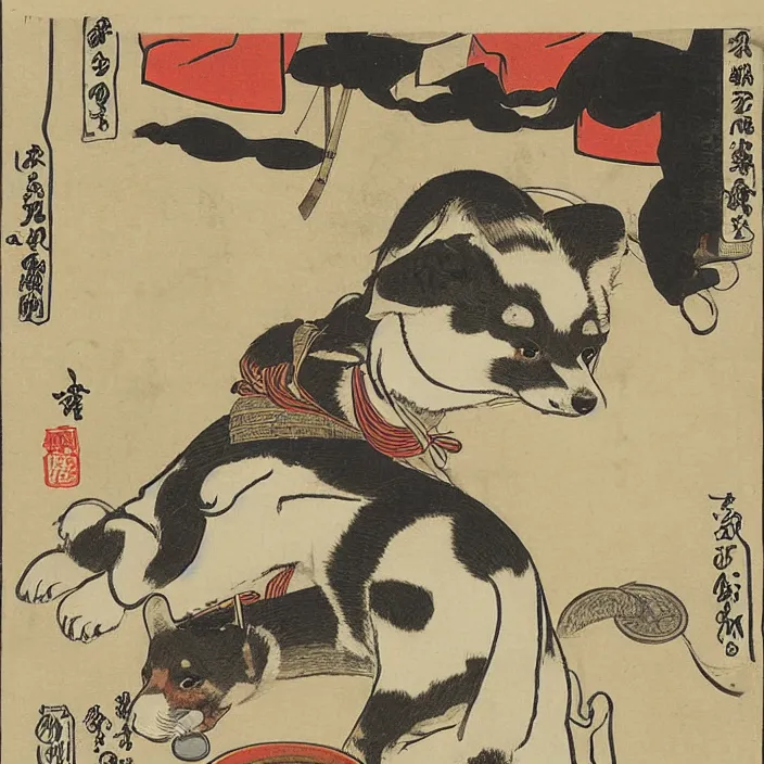 Image similar to a shiba inu samurai eating a bowl of rice, artwork on loan from the historical dog society of japan, by Utagawa Kuniyoshi