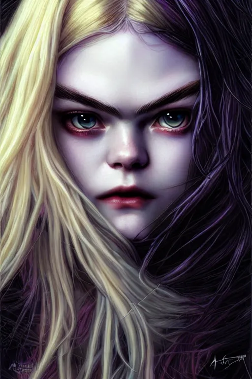 Image similar to portrait of a teenage vampire who looks like elle fanning, fantasy graphic novel style, by artgerm and luis royo and jenny frison, intricate, vivid colors, very fine inking lines, extremely detailed, 4k, hd