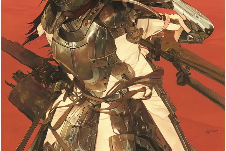 Image similar to wounded samurai in full armor on a battlefield, dusk, by fiona staples, range murata, alphonse mucha