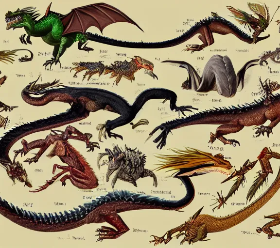 Image similar to an illustrated field guide to dragons showing examples of males and females of each spicies, biological illustrations, art by robert stebbins and terryl whitlatch and david sibley and john james audubon and charles darwin, highly detailed, intricately detailed, 8 k, trending on artstation