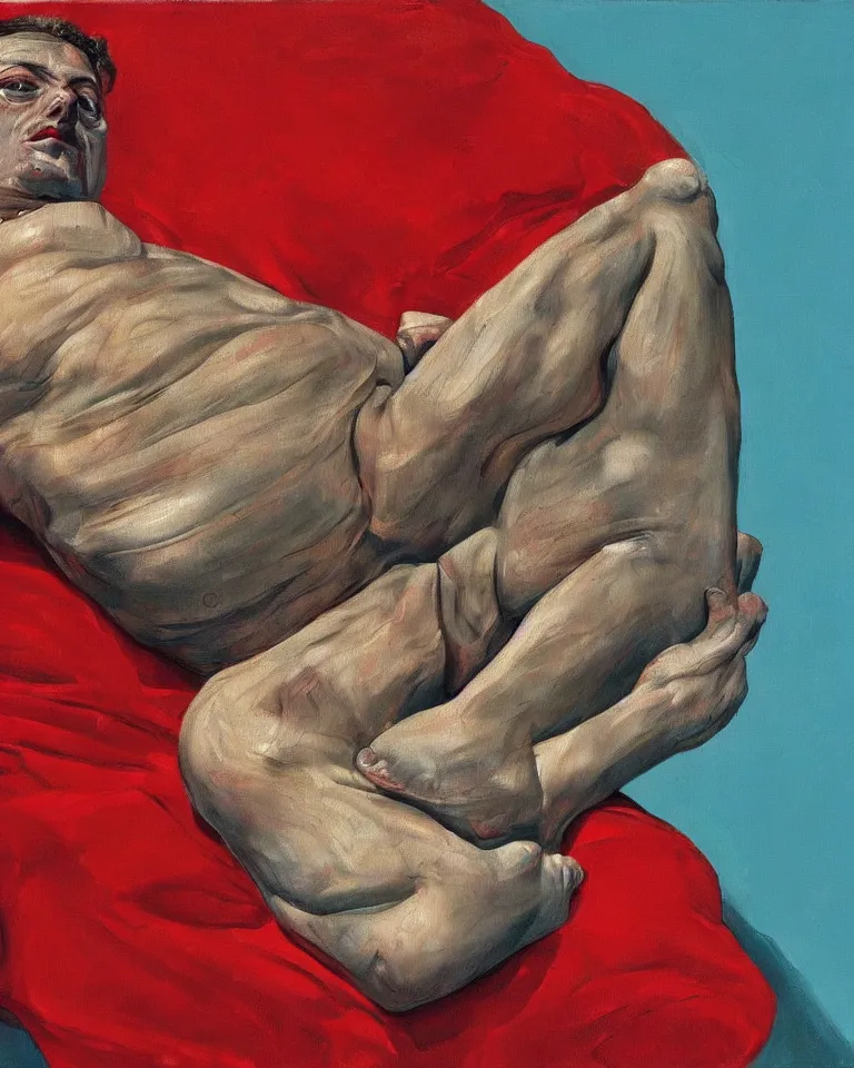 Image similar to high quality painting by lucian freud, hd, high contrast, fine details, hd, red, dark cyan, purple