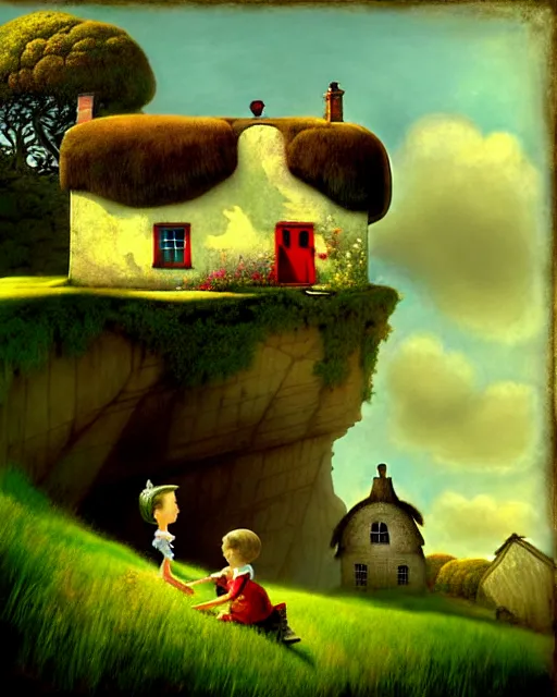 Prompt: a painting of a cottage built on the side of a cliff with children playing in the field, in the style of ray caesar, digital art