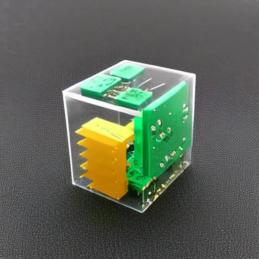 Prompt: a pcb embedded in a transparent cube