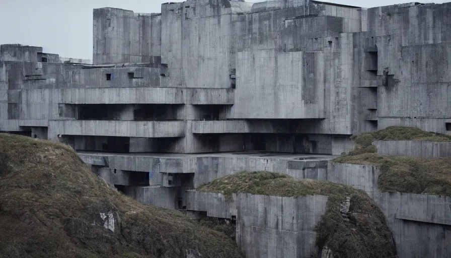 Prompt: big brutalist imperial military base on cliffs, drawing architecture,, greig fraser, very long shot, top angle, imperial architecture in rogue one, pritzker architecture prize, brutalism architecture, jan urschel