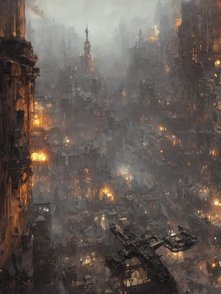 Image similar to russian revolution dieselpunk 1 9 1 0 cityscape, painting by greg rutkowski, craig mullins, levitan, rozalski