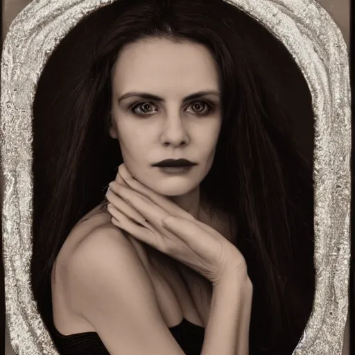 Prompt: a realistic portrait closeup 5 0 mm studio photograph by pamela hanson of morgan le fay, a powerful and ambiguous enchantress of legend, gazing at the camera with an intelligent and thoughtful look.