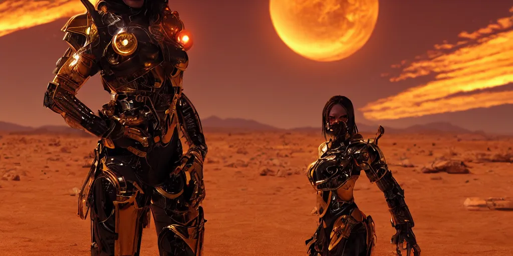 Image similar to Panorama screenshot beautiful female cyborg, super bright gold glowing eyes, wearing a cowboy hat, photographic highly detailed desert, dynamic dramatic golden moody lighting, volumetric lighting, shadows,cinematic atmosphere,Artstation, DAZ, bungie, hyperrealistic 3D digital art,Octane render