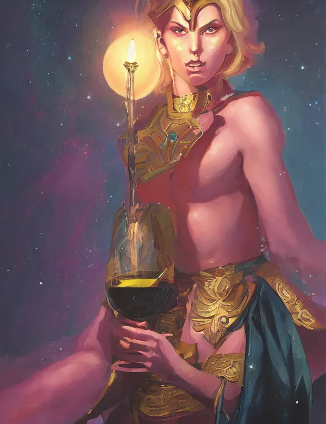 Prompt: androgynous deity of starlight and wine. this oil painting by the award - winning concept artist has interesting color contrasts, plenty of details and impeccable lighting.