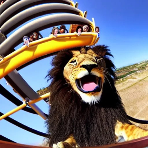 Prompt: selfie of an excited lion riding a roller - coaster, wide angle, highly - detailed realistic