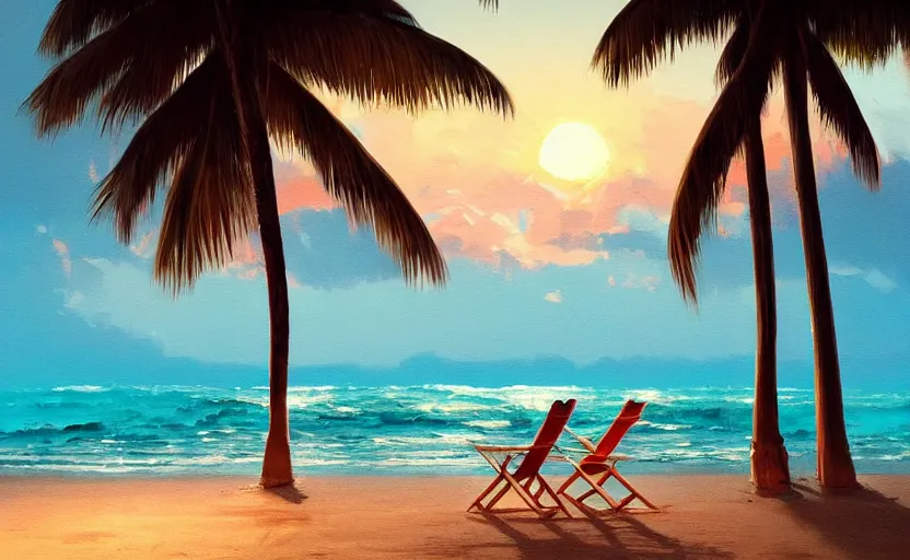 Image similar to painting of a beach chair at sunset with tropical palm trees, natural light, concept art, by greg rutkowski, cozy atmospheric and cinematic lighting