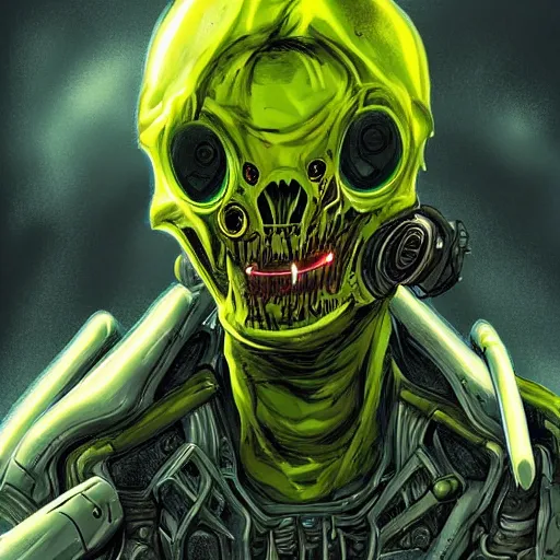 Image similar to pixiv, gruesome, sci - fi, polychaeta, undead cyborg head, doom, newt, yellow, green