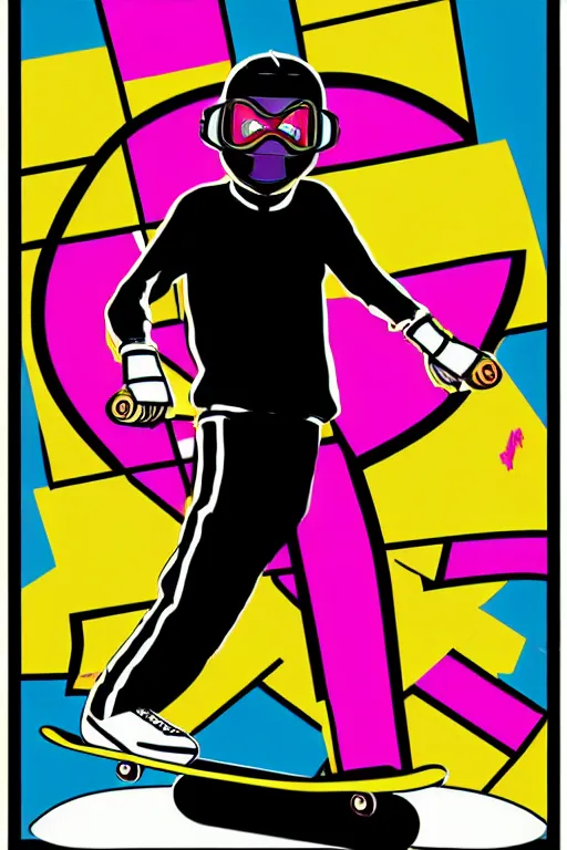 Image similar to masked skateboarder smile on face pop art, pixel, gta vice city art style, face features, body features, ultra realistic art, digital painting, concept art, smooth, sharp focus, illustration, intricate, without duplication, elegant, confident posse, art by mark millar and richard hamilton and mimmo rottela, kirokaze and paul robertson