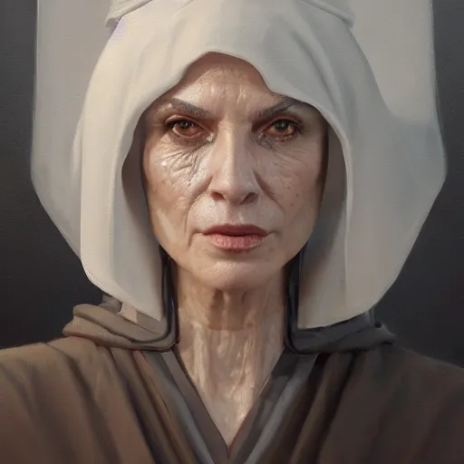 Image similar to An oil painting of a stunningly beautiful female dressed in priest robes, 50 years old, short grey hair, trimmed beard, sharp facial features, beautiful, highly detailed, by Cédric Peyravernay, by greg rudkowski, trending on artstation