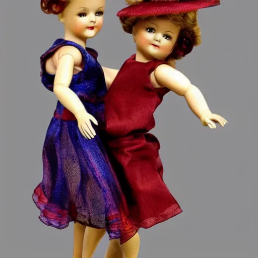 Image similar to two dolls dancing tango, realistic,