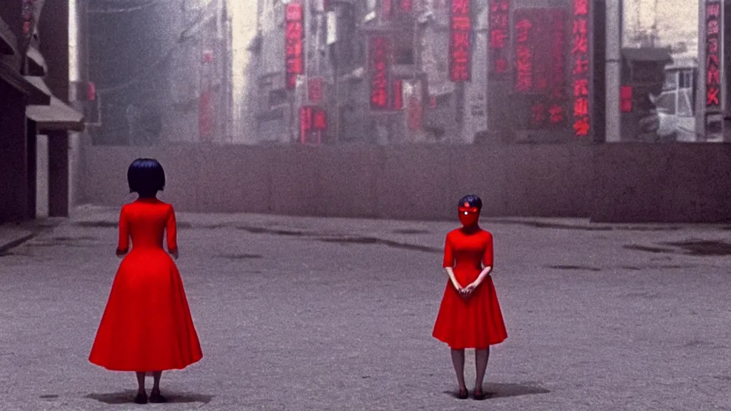 Prompt: a woman in a red dress wearing a red demon mask standing alone on an empty street in downtown Tokyo with a gun, film still from the an anime directed by Katsuhiro Otomo with art direction by Zdzisław Beksiński, wide lens