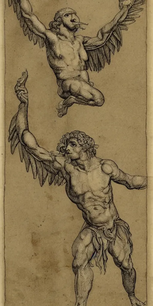 Image similar to human - eagle creature with one big beak, drawn by da vinci