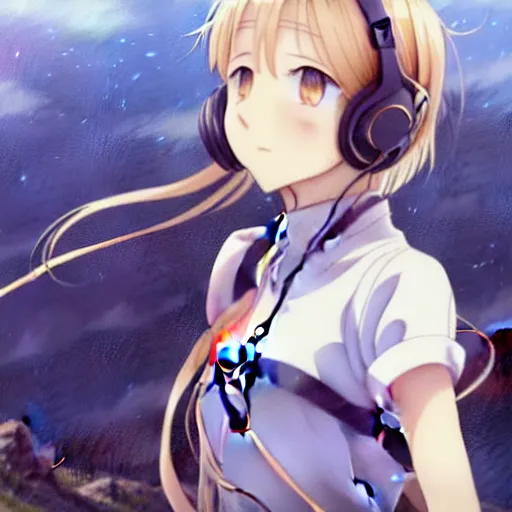 Prompt: painting of a cute girl wearing headphones in the style of violet evergarden, beautiful anime art style, winged eyelashes, countryside, calm, fantasy character portrait, dark outlines, dynamic pose, above view, sunny day, artwork by makoto shinkai, very coherent asymmetrical artwork, sharp edges, perfect face, simple form, 1 0 0 mm
