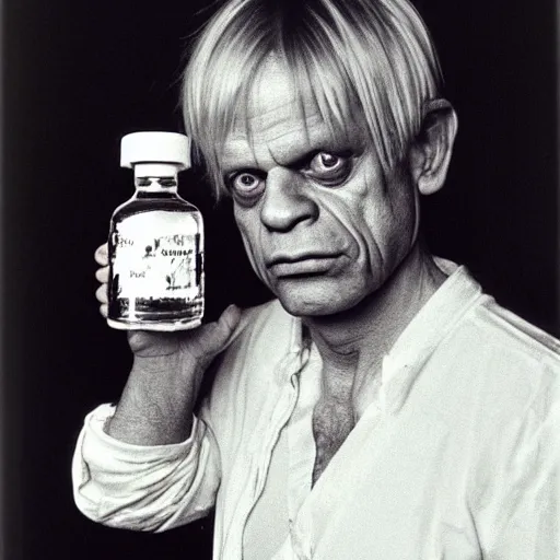 Image similar to Klaus Kinski dressed as a baby, a vodka bottle in his hands, medium shot, high quality photography, hyper detailed, hyper realistic