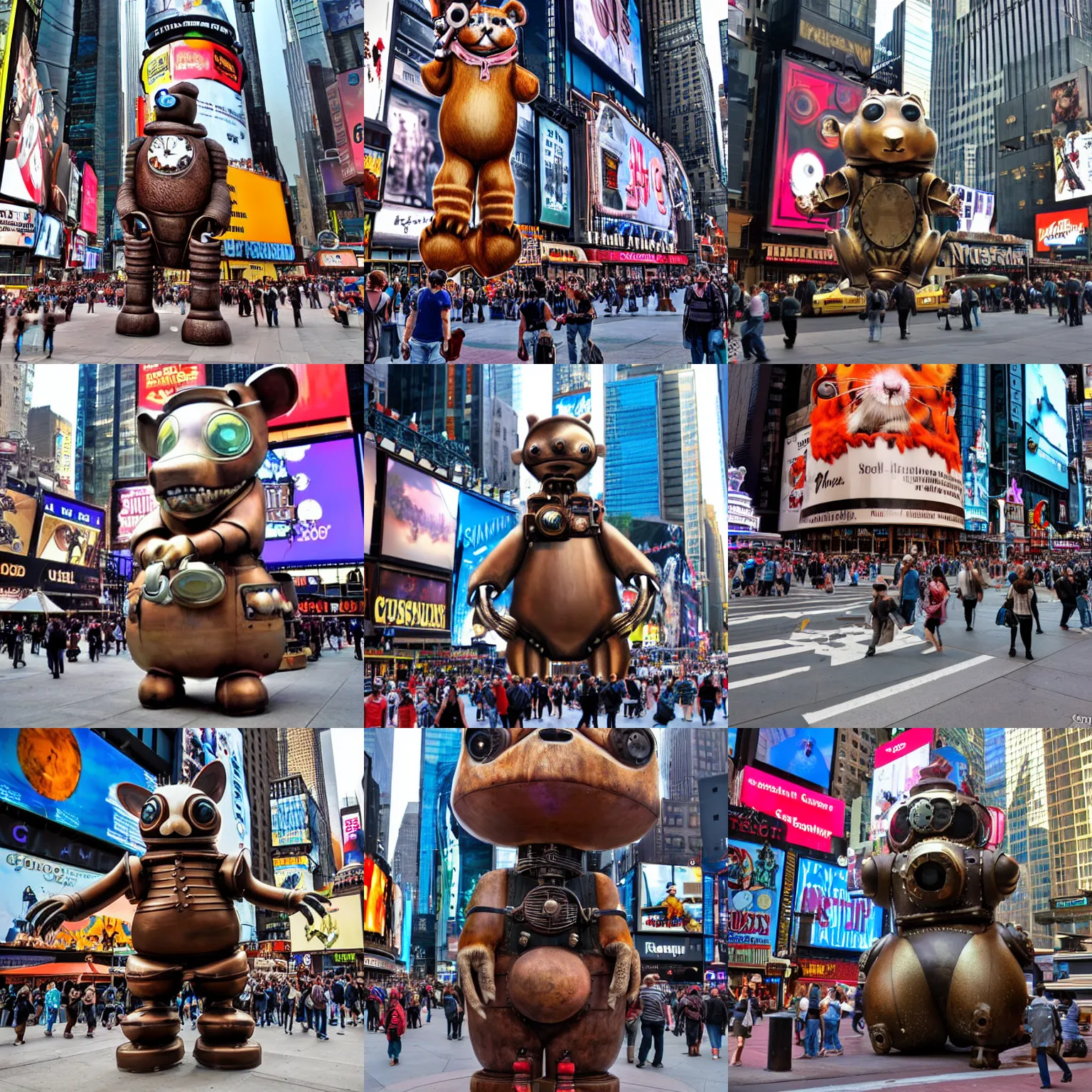 Prompt: a photo of 60 feet tall giant steampunck robot chipmunk, in time square, new york. photo real, hd