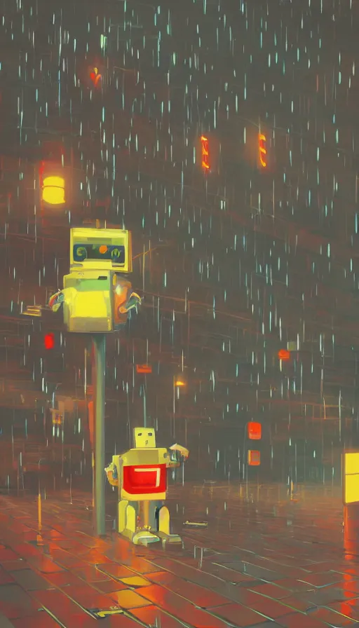 Prompt: arcade cabinet robot begging for coins in the rain, sharp focus, james gilleard, cinematic, game art, extremely detailed digital painting, print