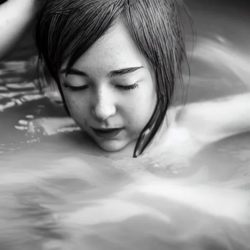 Image similar to photographic portrait by Annie Leibovitz of an anime girl in a hot tub, closeup, foggy, sepia, moody, dream-like, sigma 85mm f/1.4, 15mm, 35mm, 4k, high resolution, 4k, 8k, hd, full color