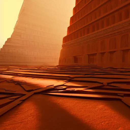 Image similar to mars architecture, temple of enlightenment, beams of light shining out from temple, parametricism, computational, moody, concept art, 8k