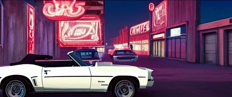 Prompt: Ermine White Chevrolet Camaro Z28 Convertible (1967), red interior, a gritty neo-noir, dramatic bright lighting, cinematic, establishing shot, extremely high detail, photorealistic, cinematic lighting, artstation, by simon stalenhag, Max Payne (PC) (2001) winter new york at night