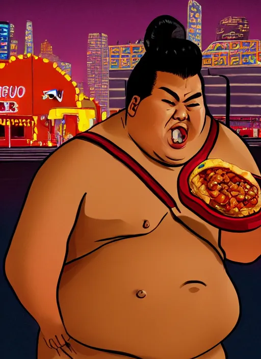 Prompt: sumo wrestler eating crunchy classic taco, holding hot sauce, portrait, noah kagan cheering him on, photo realism, bokeh background, neon lights, city background, high definition, slr