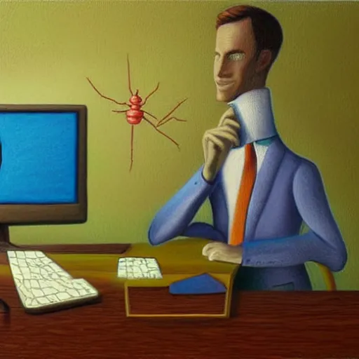 Image similar to a detailed pastel painting of a bug insect wearing a business suit and working behind the computer in the office. digital art, trending on artstation, 8k, hyper realistic in the style of Grant Wood