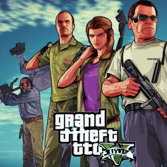 Image similar to GTA5 art cover as 90's game cover illustration style