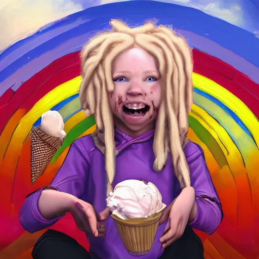 Image similar to An epic fantasy comic book style portrait painting of an adorable little albino girl with blonde dreads eating ice cream, smiling, sitting on top of a rainbow, atmospheric fantasy setting, unreal 5, DAZ, hyperrealistic, octane render, RPG portrait, ambient light, dynamic lighting