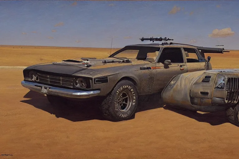 Image similar to mad max's pursuit special, the last v 8 interceptor, grant wood, pj crook, edward hopper, oil on canvas