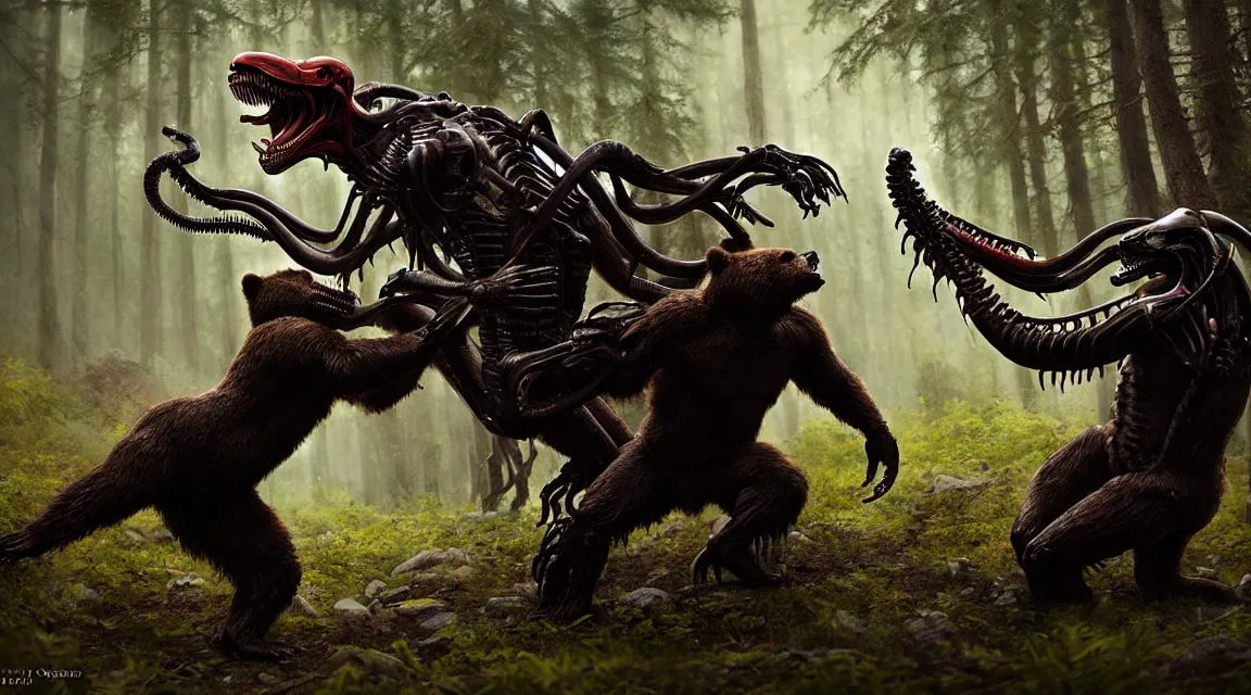 Image similar to bear fighting with a xenomorph, by jim burns, trending on artstation, photorealistic, photorealistic, wilderness ambiance, ultra detailed, high definition, depth of field, bokeh, rubble, nature overgrowth, blood stains