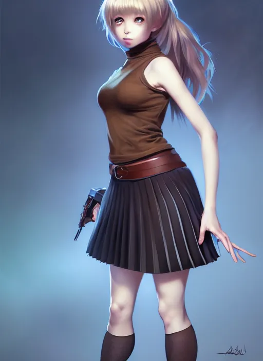 Image similar to portrait of a full body of beautiful young female detective, d & d, sleeveless turtleneck, pleated skirt, fantasy, flat lighting, intricate, highly detailed, digital painting, artstation, concept art, smooth, sharp focus, illustration, misa amane, art by simon bisley and greg rutkowski and alphonse mucha, natural tpose