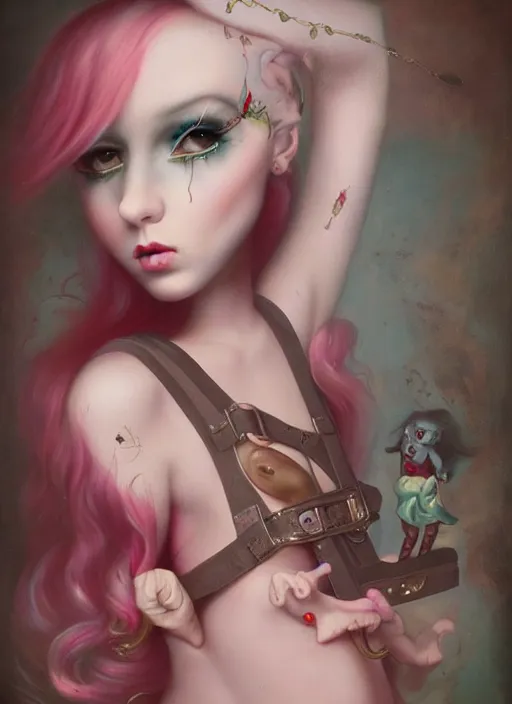 Image similar to pop surrealism, lowbrow art, realistic seductive cute woman painting, pink body harness, hyper realism, muted colours, rococo, natalie shau, loreta lux, tom bagshaw, mark ryden, trevor brown style,