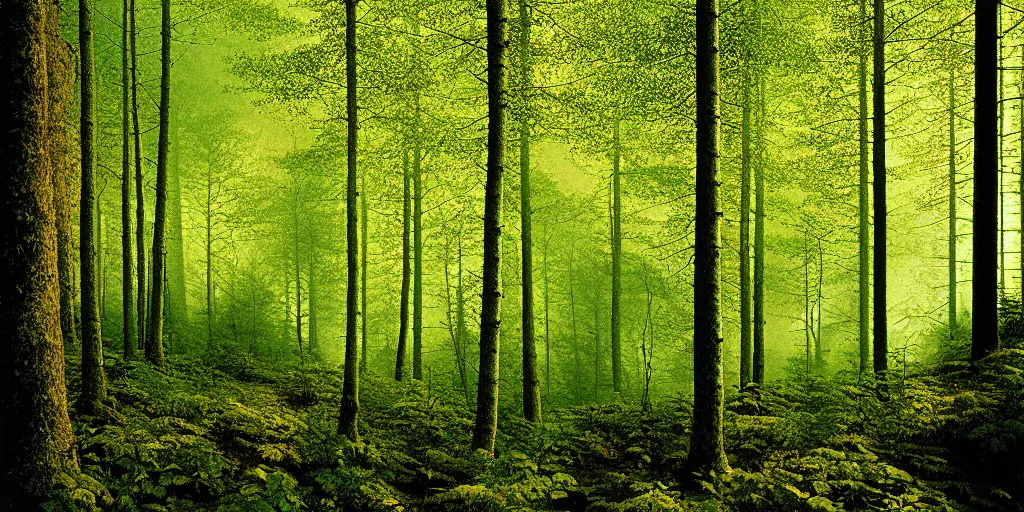 Image similar to lush north european mountainous broadleaf deciduous forest, against light, glare, bright details, contrasting, daylight, highly detailed, by dieter rams 1 9 9 0, national geographic magazine, reportage photo, natural colors