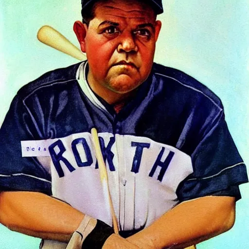 Image similar to a portrait painting of Babe Ruth. Painted by Norman Rockwell