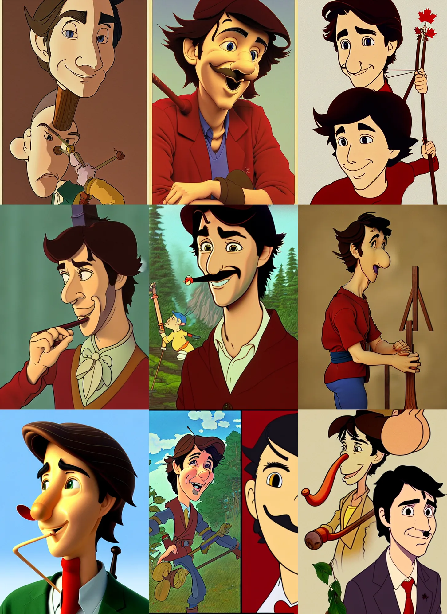 Prompt: justin trudeau as pinnochio, long nose, wooden, natural lighting, path traced, highly detailed, high quality, cartoon, digital painting, by don bluth and ross tran and studio ghibli and alphonse mucha