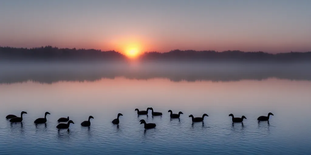 Prompt: geese swimming in a calm lake at sunrise, foggy, 4 k, trending on artstation