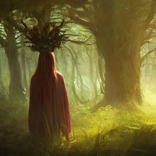 Prompt: forest person, cloak, small flower crown, in an open forest, by Greg Rutkowski, trending on artstation, unreal engine, 4k, digital art