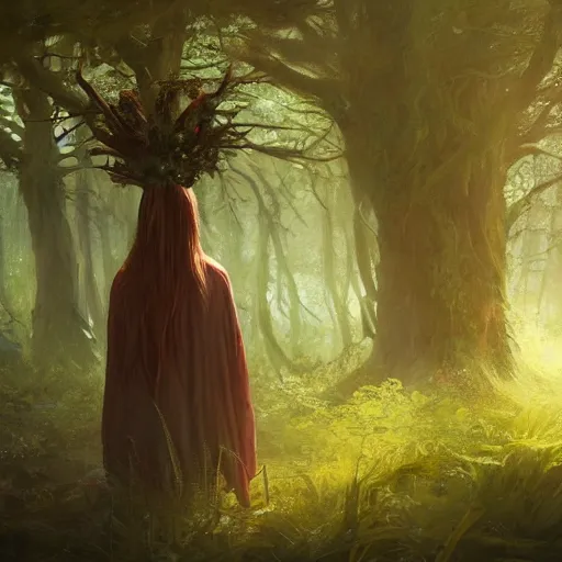 Image similar to forest person, cloak, small flower crown, in an open forest, by Greg Rutkowski, trending on artstation, unreal engine, 4k, digital art