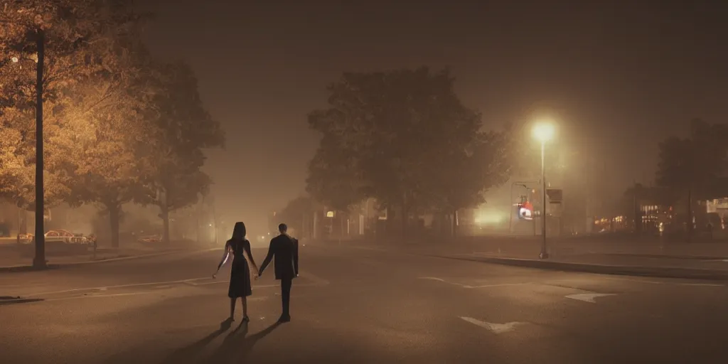 Image similar to A demon and a woman holding hands standing in the middle of the street at night, horror, horror photography, cinematic, cinematic lighting, volumetric lighting, atmospheric, octane render, unreal engine, HD, phot, realistic, photo realistic, hyper realistic, hyper realism, photo by Gregory Crewdson, film by Gregory Crewdson