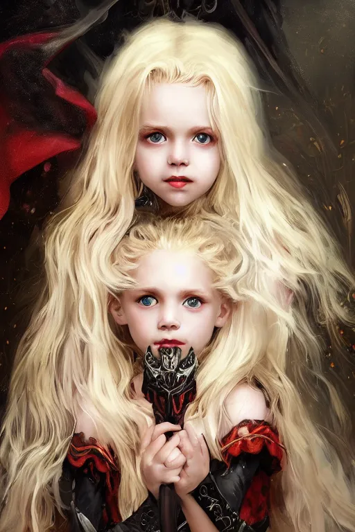 Prompt: a blonde vampire girl, child, freckles, smiling, fangs, messy curly hair, dark leather armor, onyx sword, flames in the background, embers intricate and very beautiful and elegant, highly detailed, digital painting, artstation, concept art, smooth and sharp focus, cg by tian zi and wlop and alphonse mucha