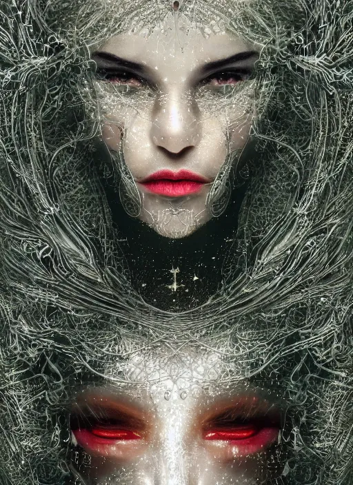 Image similar to glowing silver and golden elements, full close-up portrait, female portrait model from shutterstock as a dark evil looking witch, book cover, green forest, white moon, red lips, establishing shot, extremly high detail, photo-realistic, cinematic lighting, pen and ink, intricate line drawings, by Yoshitaka Amano, Ruan Jia, Kentaro Miura, Artgerm, post processed, concept art, artstation, matte painting, style by eddie, raphael lacoste, alex ross