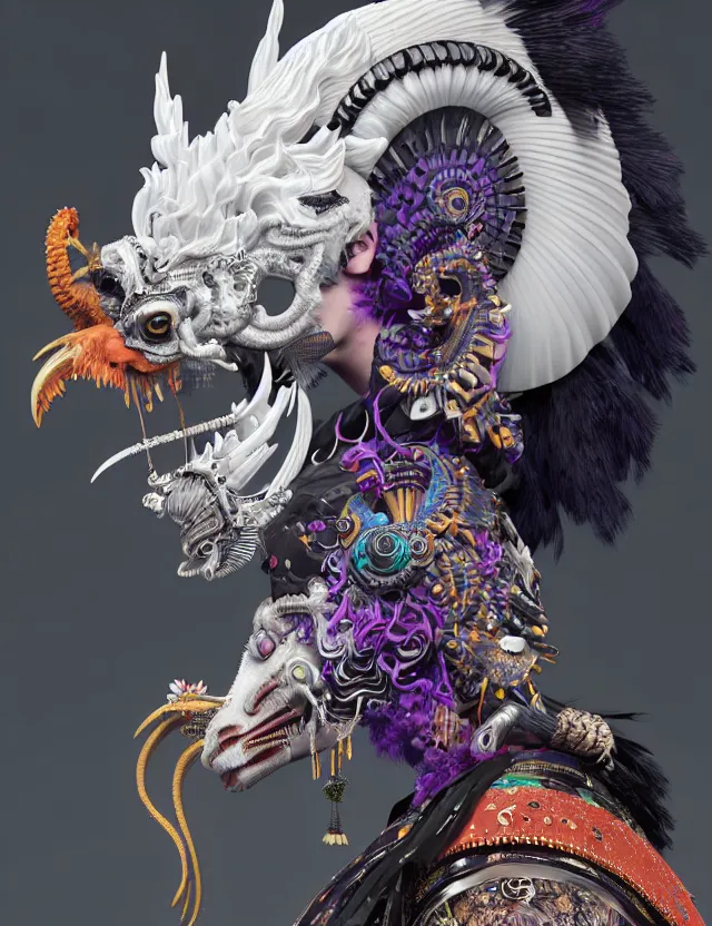 Image similar to 3 d goddess close - up profile portrait punk with mohawk with ram skull. beautiful intricately detailed japanese crow kitsune mask and clasical japanese kimono. betta fish, jellyfish phoenix, bio luminescent, plasma, ice, water, wind, creature, artwork by tooth wu and wlop and beeple and greg rutkowski