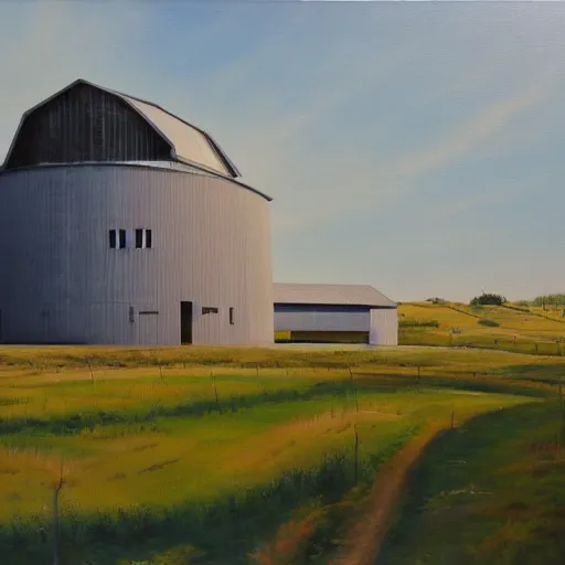 Image similar to exterior view of modern futuristic farm barn architecture, silo, feed troughs, cows, pigs, chickens, detailed luminescent oil painting 4 k