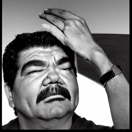 Prompt: George Lopez crying, black and white, sad