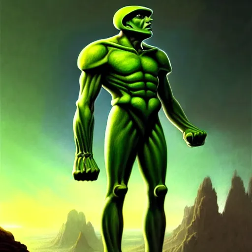 Image similar to a picture of a green giant humanoid with his fist up with futuristic brown suit with helmet, background ancient alien landscape, low angle, trending on deviantart, fantasy, intricate, highly detailed, lifelike, photorealistic, digital painting, artstation, illustration, concept art, smooth, sharp focus, artwork by frank frazetta