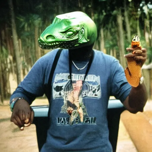 Image similar to MF doom looking shockingly at a lizard on his shoulder