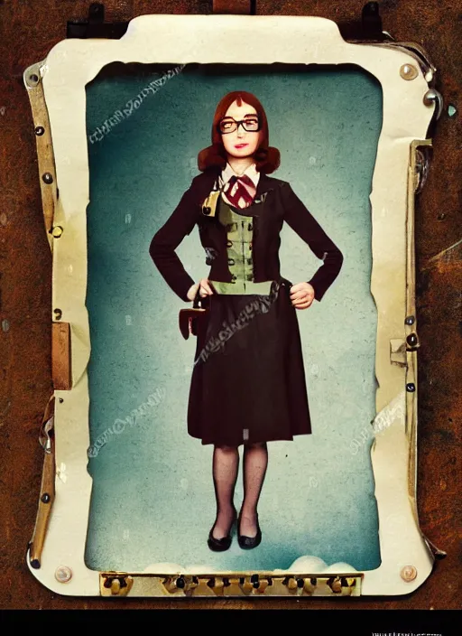 Prompt: Whole body and face wide shot of Daria Morgendorffer in steampunk couture created like it's out of the 1940s polaroid clear, colorful image